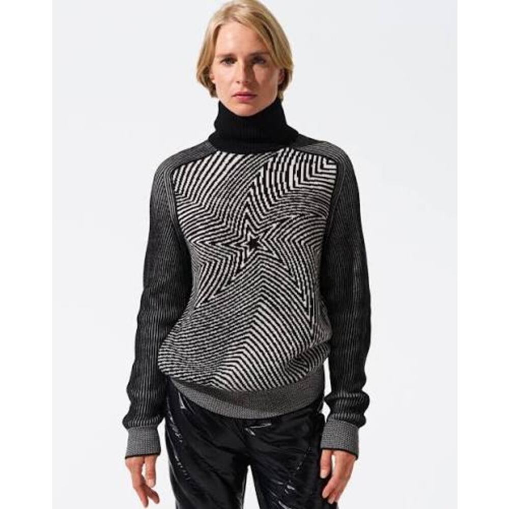 Perfect Moment Wavy Star Roll Neck Wool Ski Sweater Black White XS NWT